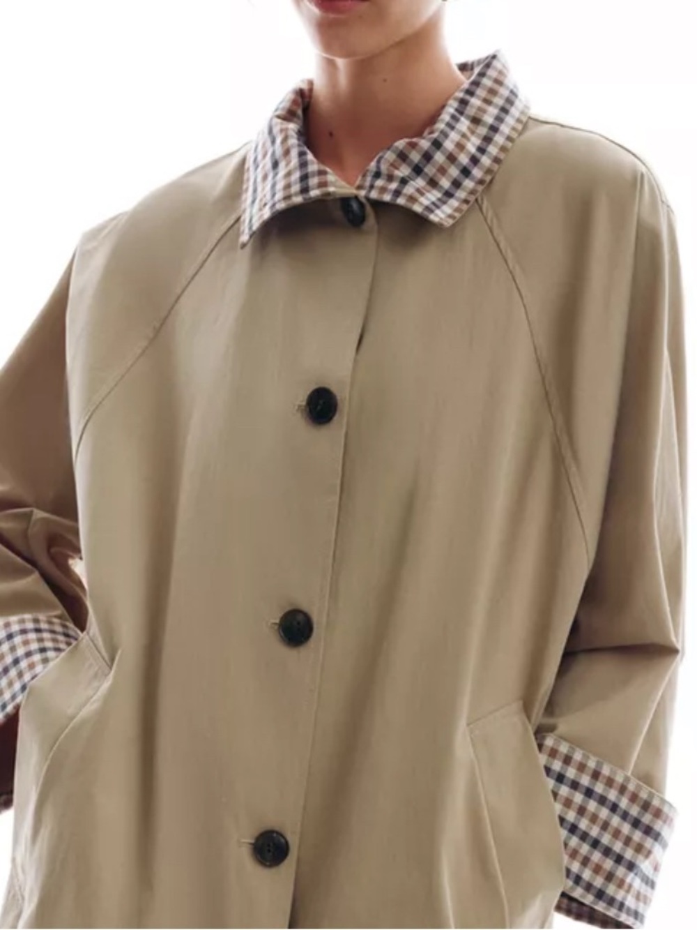 NWT- Taupe Trench Coat with Plaid Cuff Detail- XS